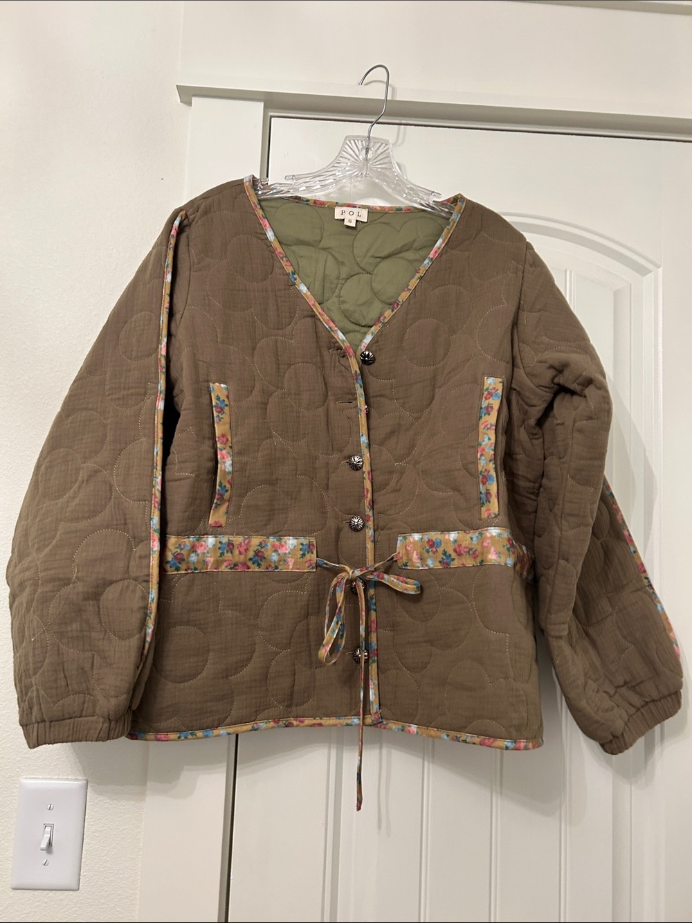 POL Brown Quilted Utility Jacket with Floral Trim